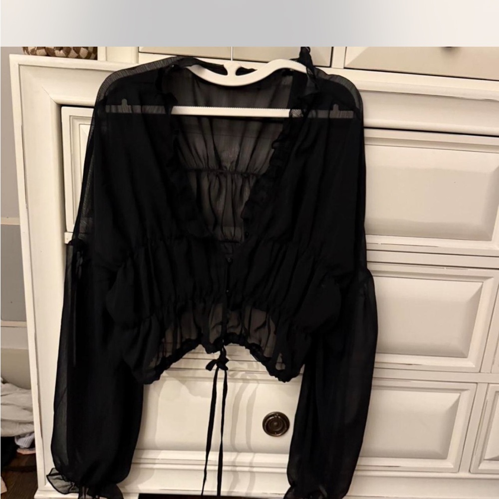 REVOLVE Sheer Black Drawstring Crop Blouse